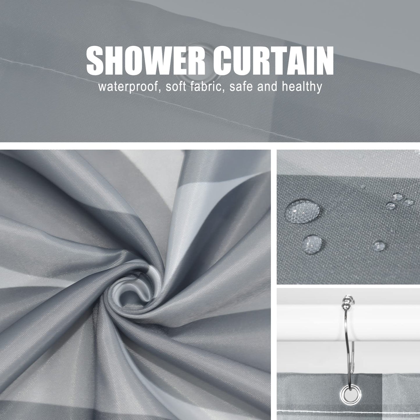 Gelbchu Light Grey Fabric 72 x 72 Inch Cloth Shower Curtain, Waterproof Design and Polyester, Quick-Drying, Heavy Duty Shower Curtains Set for Bathroom, Machine Washable with 12 Metal Hooks
