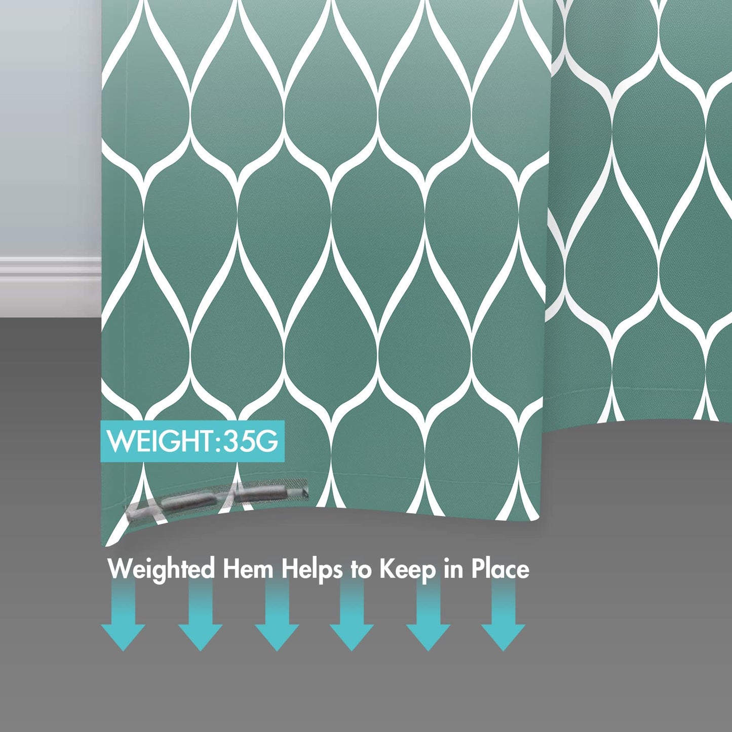 Gelbchu Ombre Teal Fabric Shower Curtain, Waterproof Design and Polyester, Quick-Drying, Weighted Hem, Shower Curtains Set for Bathroom W 72 x H 72, Machine Washable with 12 Hooks