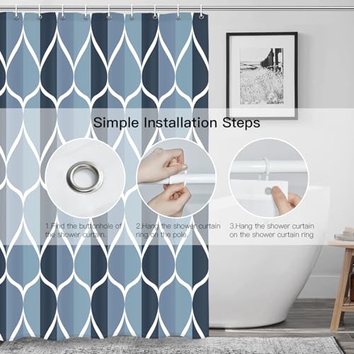 Gelbchu Aegean Blue Geometric Shower Curtain, Waterproof Design and Polyester, Quick-Drying, Weighted Hem, Blue Fabric Shower Curtains Set for Bathroom W 72 x H 72, Machine Washable with 12 Hooks