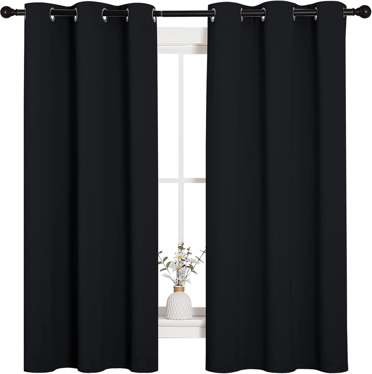Gelbchu Pitch Black Solid Thermal Insulated Grommet Blackout Curtains/Drapes for Bedroom Window (2 Panels, 42 inches Wide by 63 inches Long, Black)