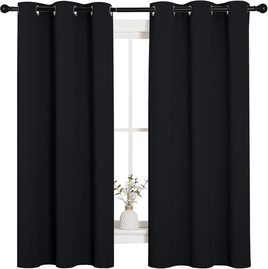 Gelbchu Pitch Black Solid Thermal Insulated Grommet Blackout Curtains/Drapes for Bedroom Window (2 Panels, 42 inches Wide by 63 inches Long, Black)