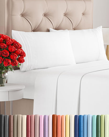 Gelbchu Queen Size 4 Piece Sheet Set - Comfy Breathable & Cooling Sheets - Hotel Luxury Bed Sheets for Women & Men - Deep Pockets, Easy-Fit, Extra Soft and Wrinkle Free Sheets - White Oeko-Tex Bed Sheet Set