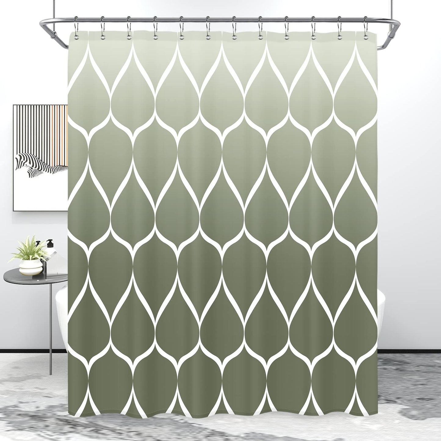 Gelbchu Ombre Sage Green Fabric Shower Curtain, Waterproof Design and Polyester, Quick-Drying, Weighted Hem, Shower Curtains Set for Bathroom W 72 x H 72, Machine Washable with 12 Hooks