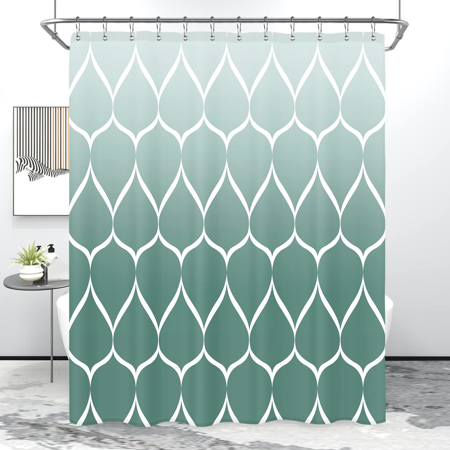 Gelbchu Ombre Teal Fabric Shower Curtain, Waterproof Design and Polyester, Quick-Drying, Weighted Hem, Shower Curtains Set for Bathroom W 72 x H 72, Machine Washable with 12 Hooks