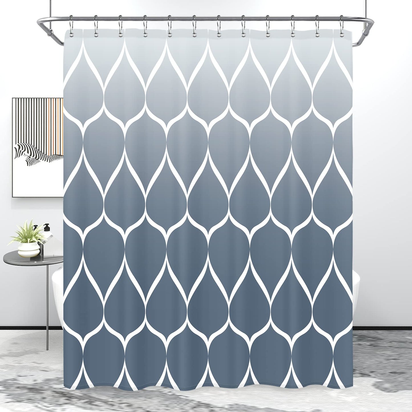 Gelbchu Ombre Aegean Blue Fabric Shower Curtain, Waterproof Design and Polyester, Quick-Drying, Weighted Hem, Shower Curtains Set for Bathroom W 72 x H 72, Machine Washable with 12 Hooks