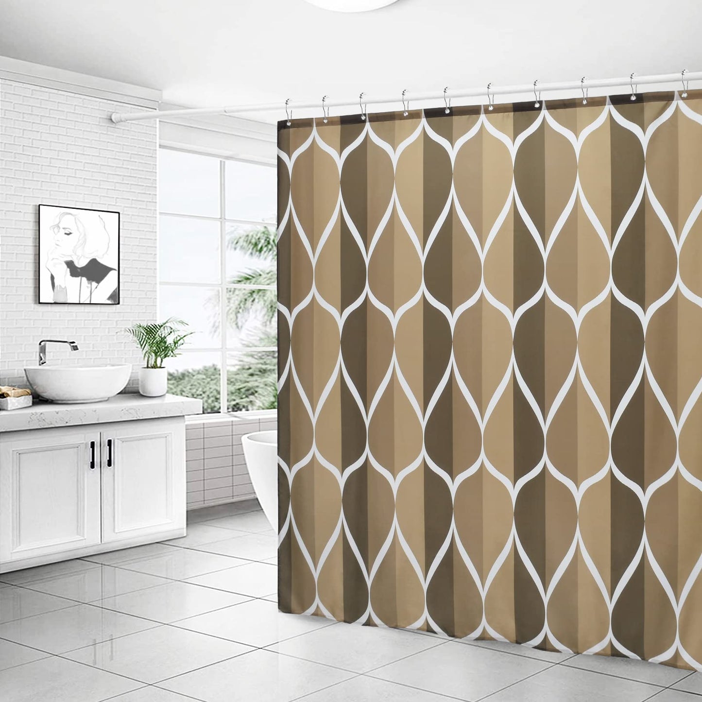 Gelbchu Brown Geometric Shower Curtain, Waterproof Design and Polyester, Quick-Drying, Weighted Hem, Brown Fabric Shower Curtains Set for Bathroom W 72 x H 72, Machine Washable with 12 Hooks