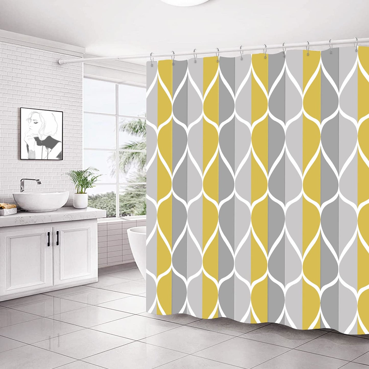 Gelbchu Gray Yellow Fabric Shower Curtain W 72 x H 72, Waterproof Design and Polyester, Quick-Drying, Weighted Hem, Shower Curtains Set for Bathroom, Machine Washable with 12 Hooks