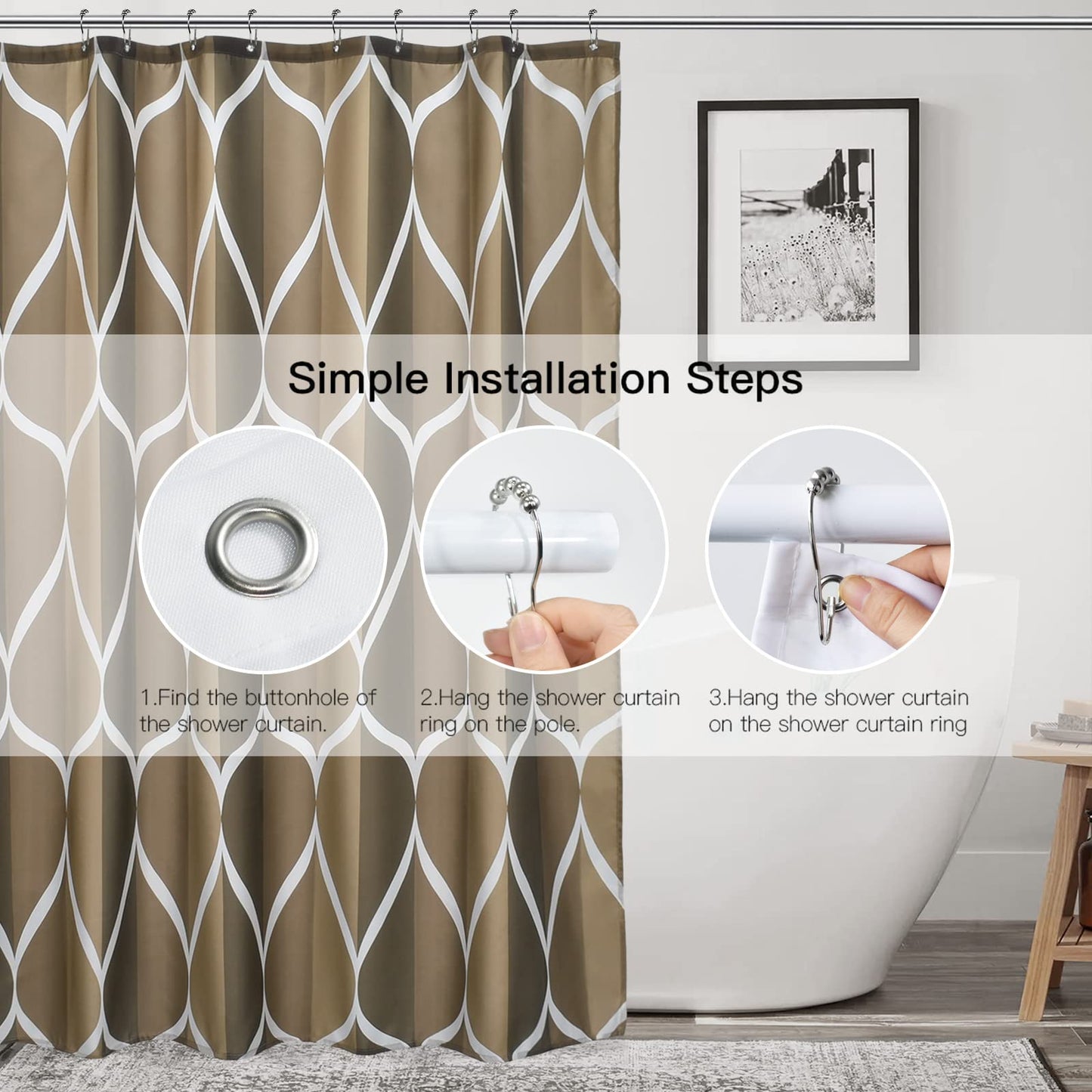 Gelbchu Brown Geometric Shower Curtain, Waterproof Design and Polyester, Quick-Drying, Weighted Hem, Brown Fabric Shower Curtains Set for Bathroom W 72 x H 72, Machine Washable with 12 Hooks