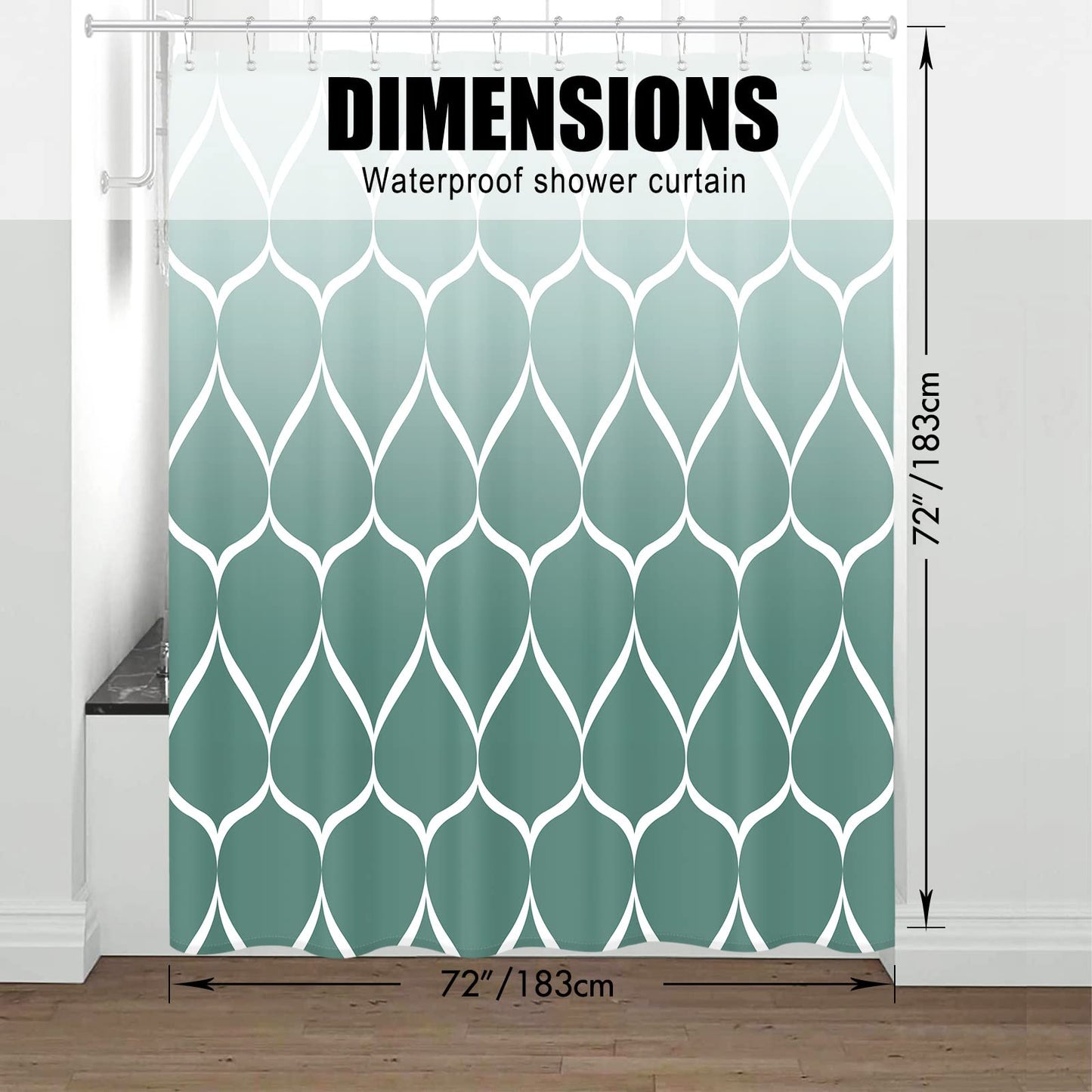 Gelbchu Ombre Teal Fabric Shower Curtain, Waterproof Design and Polyester, Quick-Drying, Weighted Hem, Shower Curtains Set for Bathroom W 72 x H 72, Machine Washable with 12 Hooks