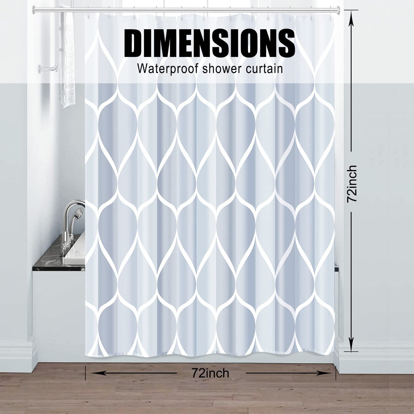 Gelbchu Light Blue Geometric Shower Curtain, Waterproof Design and Polyester, Quick-Drying, Weighted Hem, Blue Fabric Shower Curtains Set for Bathroom W 72 x H 72, Machine Washable with 12 Hooks