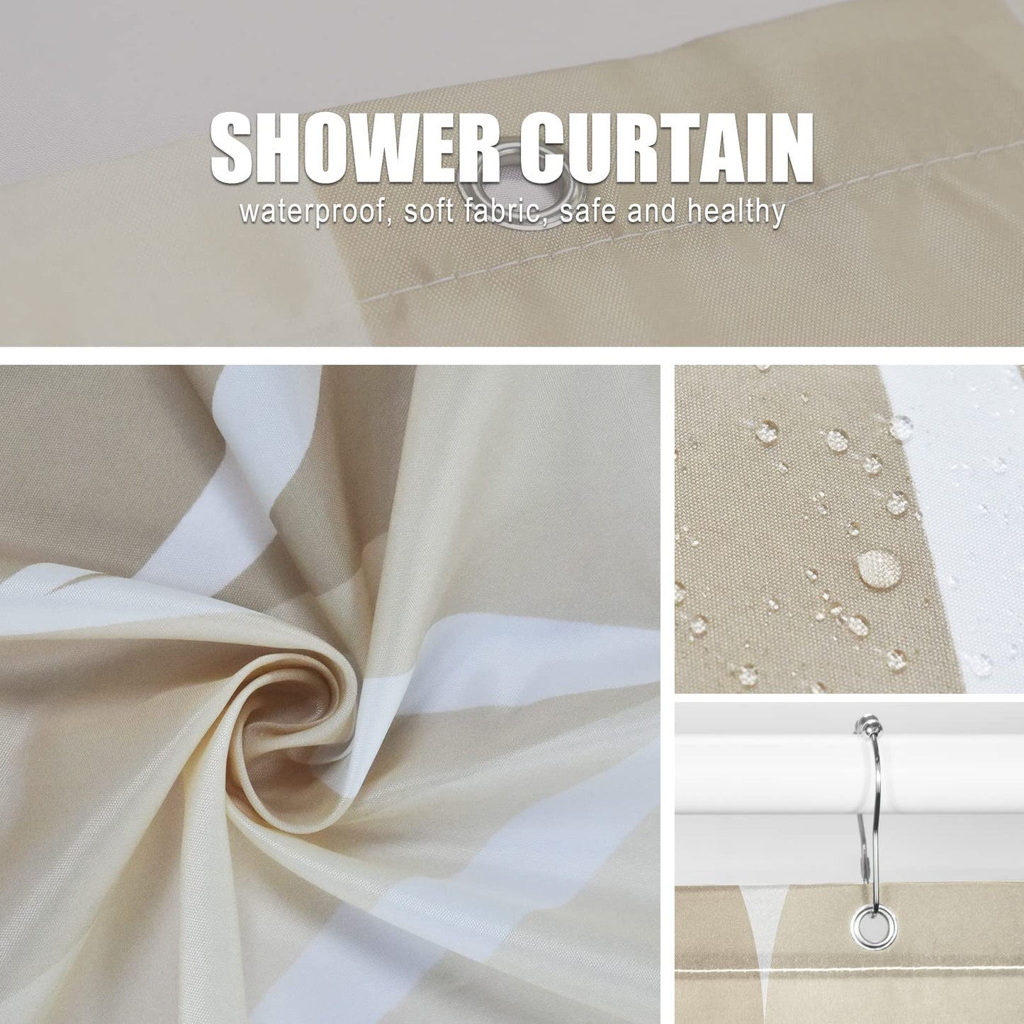 Gelbchu Ivory Fabric Shower Curtain W 72 x H 72, Waterproof Design and Polyester, Quick-Drying, Weighted Hem, Shower Curtains Set for Bathroom, Machine Washable with 12 Hooks