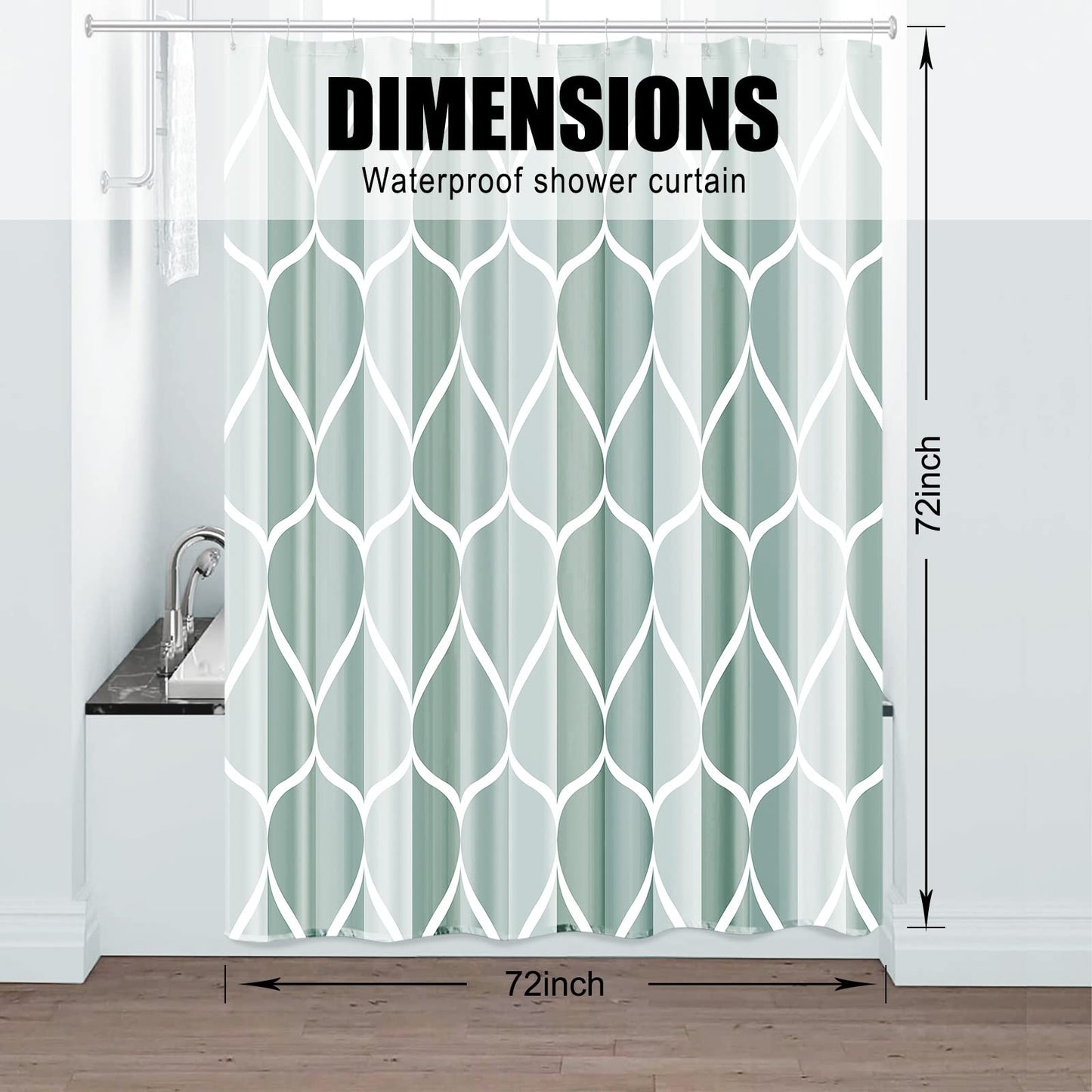 Gelbchu Dark Green Geometric Shower Curtain, Waterproof Design and Polyester, Quick-Drying, Weighted Hem, Green Fabric Shower Curtains Set for Bathroom W 72 x H 72, Machine Washable with 12 Hooks