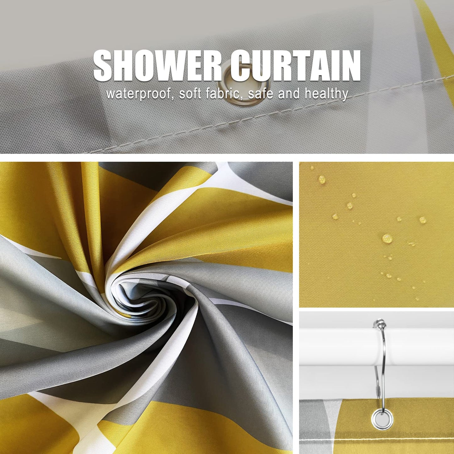 Gelbchu Gray Yellow Fabric Shower Curtain W 72 x H 72, Waterproof Design and Polyester, Quick-Drying, Weighted Hem, Shower Curtains Set for Bathroom, Machine Washable with 12 Hooks