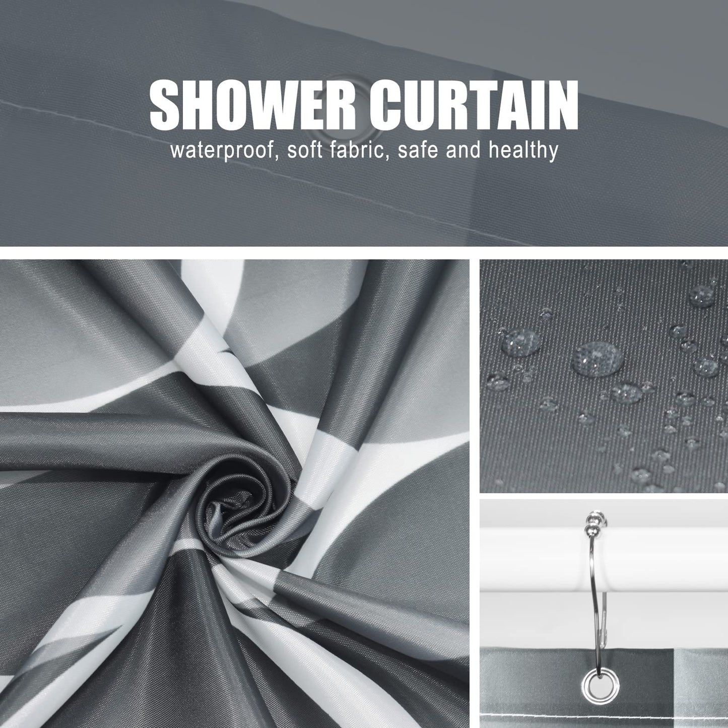 Gelbchu Dark Grey Fabric 72 x 72 Inch Cloth Shower Curtain, Waterproof Design and Polyester, Quick-Drying, Heavy Duty Shower Curtains Set for Bathroom, Machine Washable with 12 Metal Hooks