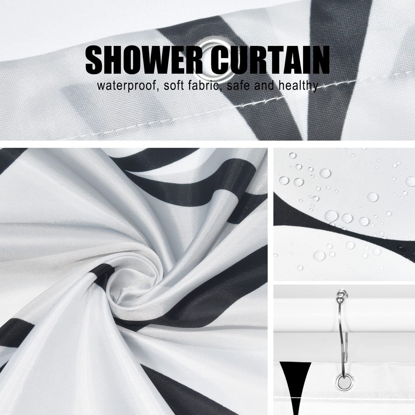 Gelbchu White Grey Fabric 72 x 72 Inch Cloth Shower Curtain, Waterproof Design and Polyester, Quick-Drying, Heavy Duty Shower Curtains Set for Bathroom, Machine Washable with 12 Metal Hooks