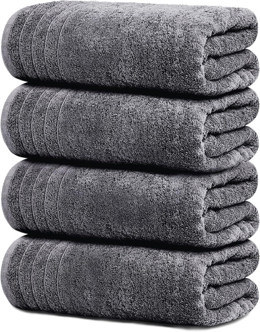 Gelbchu Pack of 4 Extra Large Bath Towels 30 x 60 Inches, 100% Cotton, Larger & Lighter Weight, Quicker to Dry, Super Soft and Absorbent, Perfect for Bathroom, Dark Grey